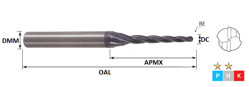 1.5mm 4 Flute (30' Taper Angle & 12mm Cut) Ball Nose Taper Rib Processing Pulsar Carbide End Mill